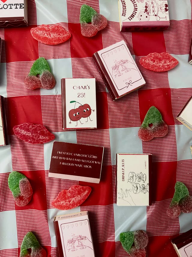 Cherry-themed custom birthday matchbooks by Birthday Cake Countdown