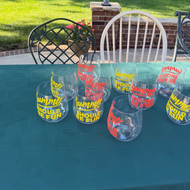 Colorful custom summer party glasses by Birthday Cake Countdown
